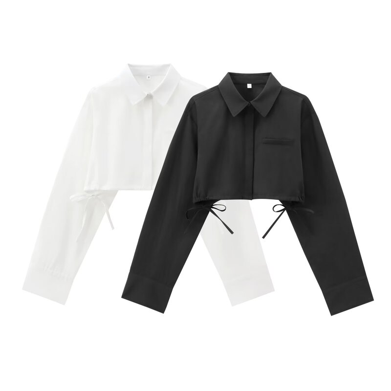 Foreign Trade 2025 Early Autumn New Women's Clothing European and American Street Style Fashion Short Drawstring Detail Shirt 1244807