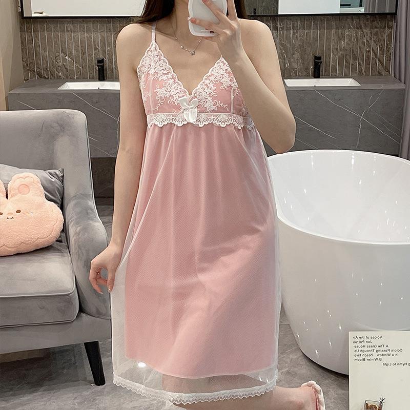 Pijamas de verano malla de hielo seda camisón chica dulce corte estilo grúa cuello en V manga corta vestido MIDI casa delgada