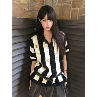 美式复古短袖针织衫女早秋莓花刺绣宽松显瘦条纹恤情侣上衣潮