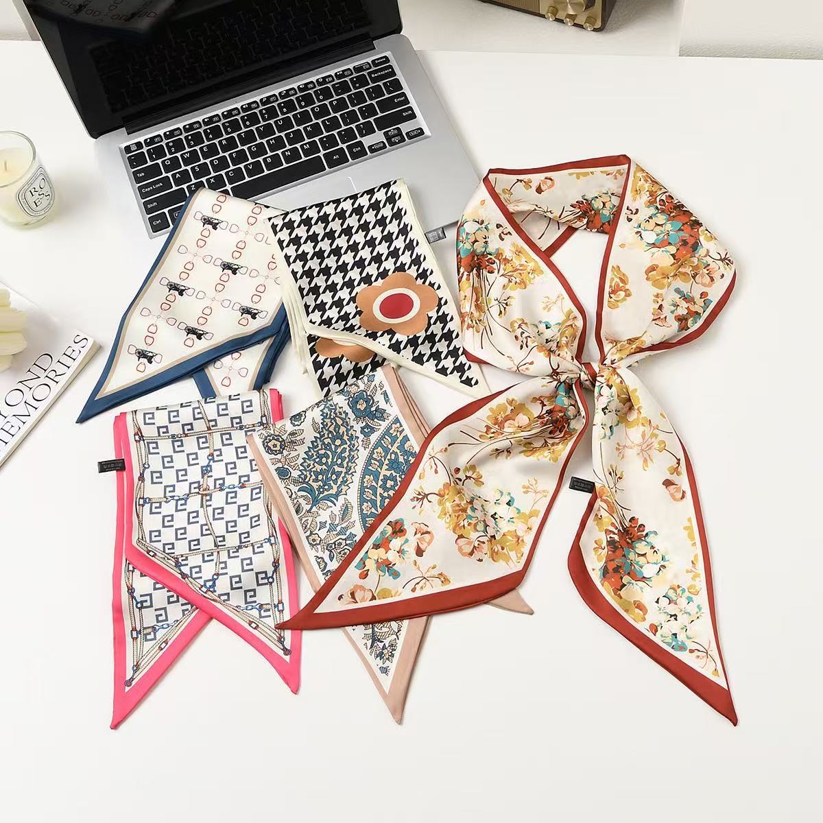 丝巾女斜角巾长款仿真丝双层围巾印花百搭领巾衬衫搭配领带巾轻奢