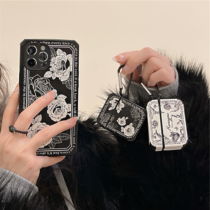 法式黑白玫瑰Airpods Pro耳機套適用蘋果1/2/3代無線藍牙硅膠套女