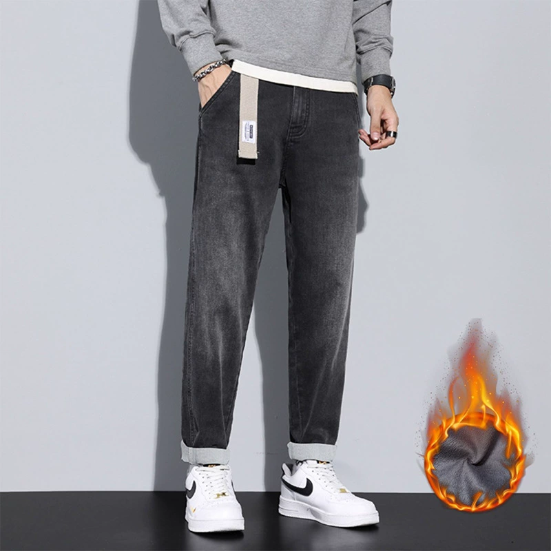 Фабрика прямых волос плюс бархатные джинсы мужские свободные прямые четыре сезона мужские брюки осенью и зимой толстые повседневные длинные брюки мужские