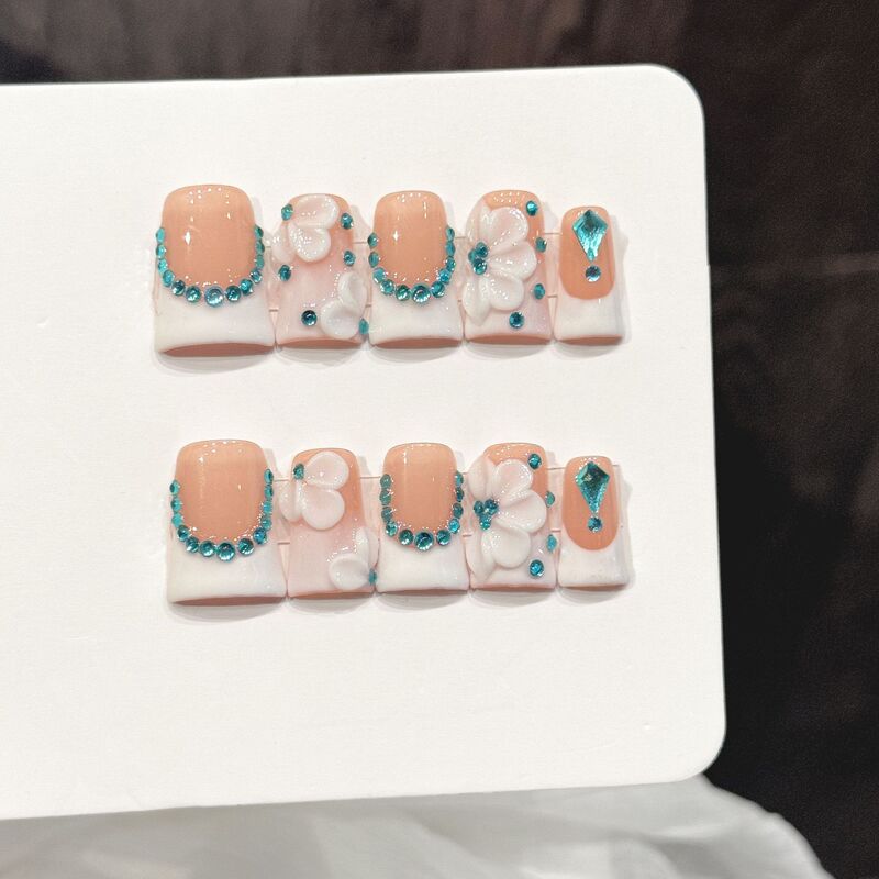 Ice Lake Blue Nude Pink French Manicure with Turquoise Blue Diamond Border, Cool and Elegant, Exquisite Handmade Versatile Wearable Nail Pieces Ice Lake Blue Nude Pink French Manicure with Turquoise Blue Diamond Border, Cool and Elegant, Exquisite Handmade Versatile Wearable Nail Pieces