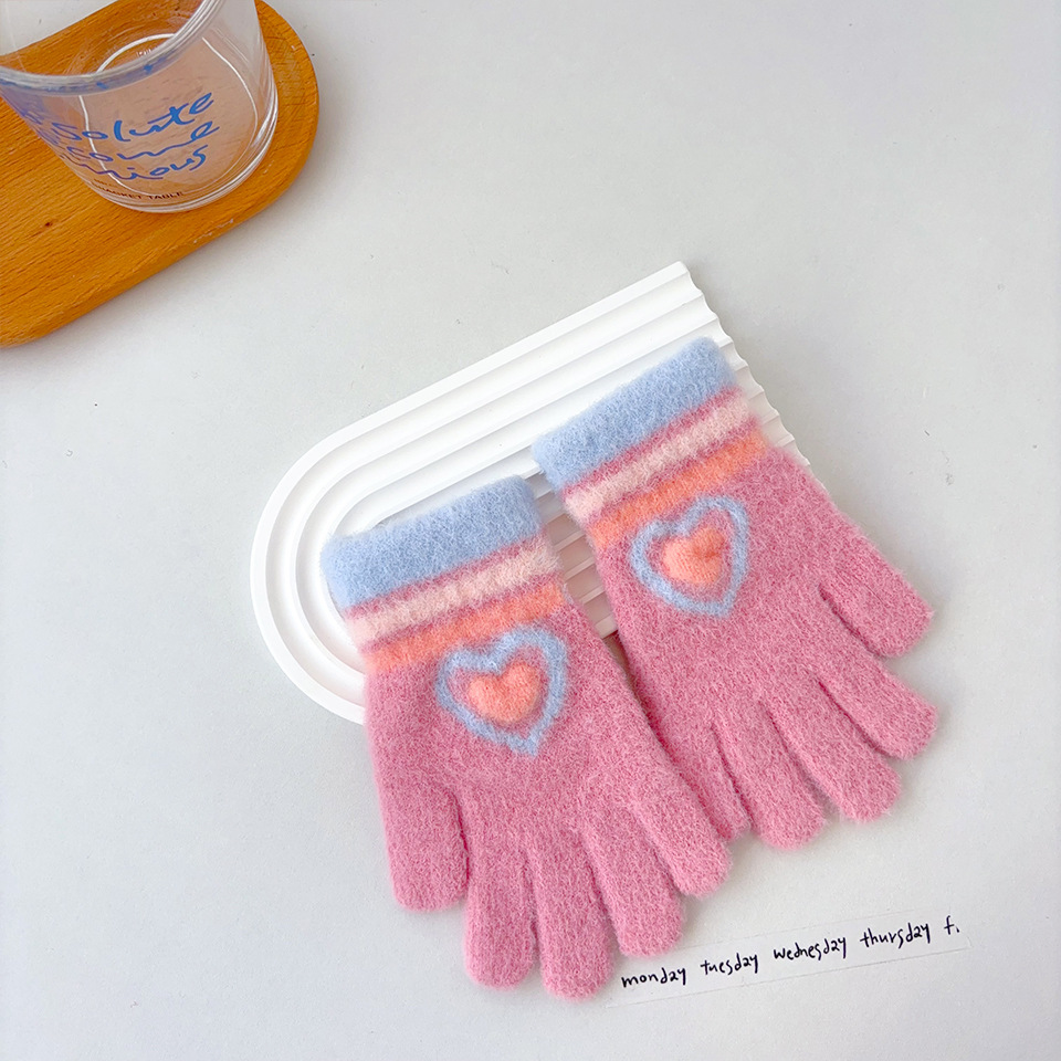 Nuevos guantes cálidos para niñas a rayas de amor a prueba de frío y engrosamiento en invierno, los niños tejen en bicicleta para jugar con la nieve y escribir cinco dedos
