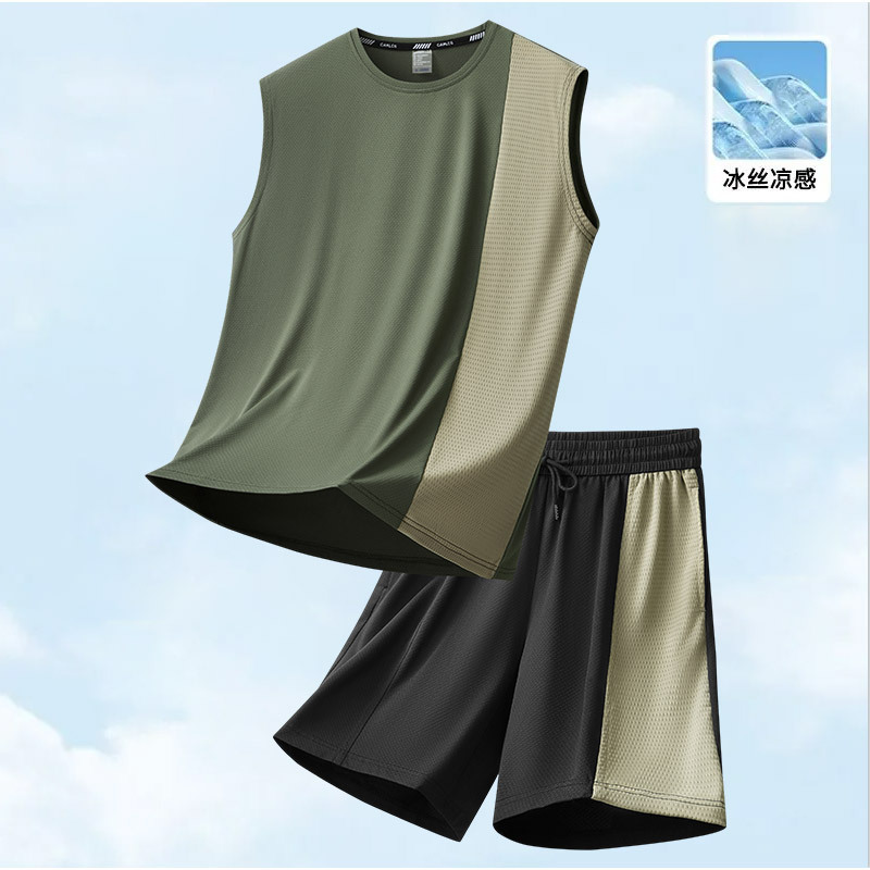 Summer Large Size Sports Vest Shorts Men's Casual Suit Spliced T-Shirt Loose Breathable Quick-Drying Two-Piece Set for Men