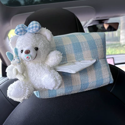 Tissue Bag Bag, Car tissue box/set - blue-bow-bear-plaid-paper-tissue-blue