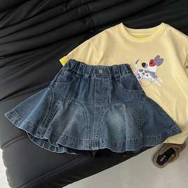 韩国童装女童短裙2025夏季新款洋气荷叶边百褶裙小女孩牛仔半身裙