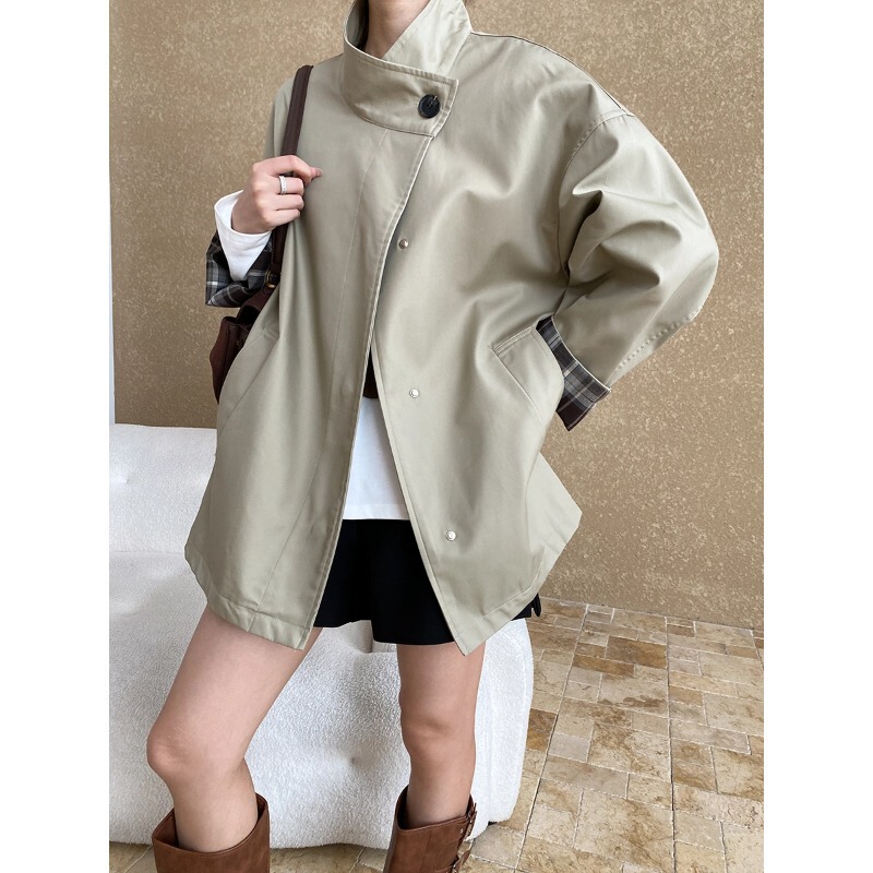 Sinan retro British style small silhouette stand collar check contrast stitching trench coat coat SN6566 Sinan retro British style small silhouette stand collar check contrast stitching trench coat coat SN6566