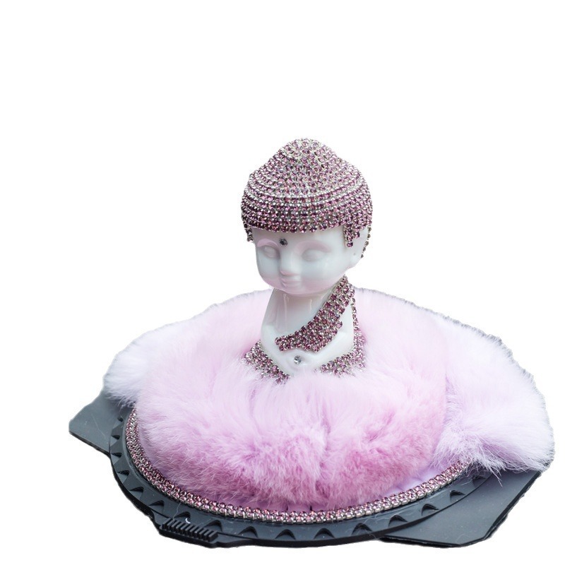 Juego de adornos de perfume de coche de Buda de piel de conejo Rex Perfume de coche con incrustaciones de diamantes Estatua de Buda Suministros de coche Estera antideslizante