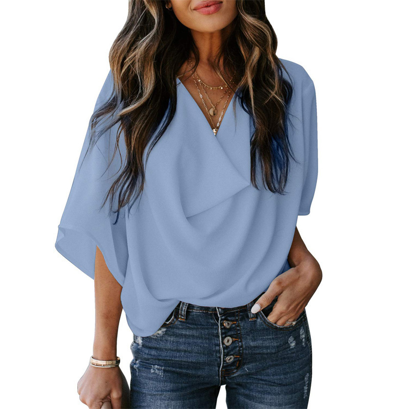 Camisa de Gasa Estilo Europeo y Americano para el Verano 2025, Camiseta Holgada con Cuello en V, Top Tipo Capa, Ropa de Mujer con Acabado Desgastado