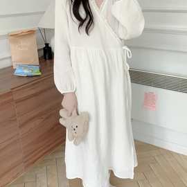 批发货源 2026春季纯棉白色双层纱布新款睡袍女长款睡衣家居服