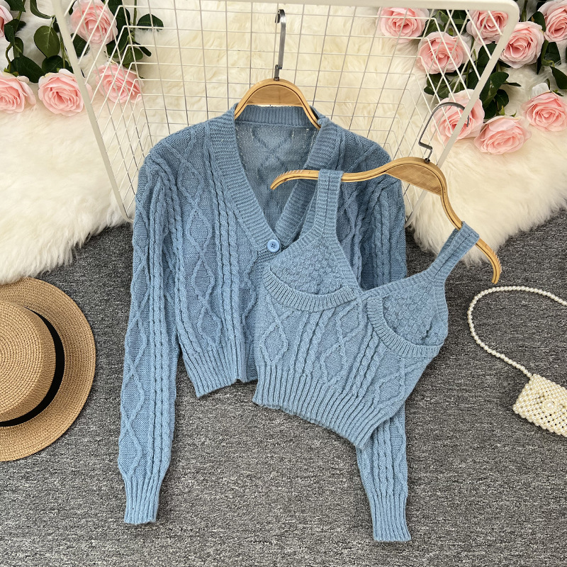 Damenbekleidung V-Ausschnitt verdrehte Strickjacke zweiteiliger Anzug für Damen im Frühjahr und Herbst neue Mode lässig einfarbiger Pullover Damenanzug_voghion.com