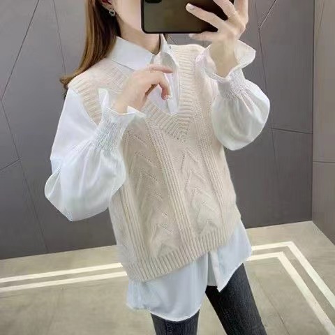 2023 nuevo suéter camisa de mujer chaleco traje de una pieza suéter primavera y otoño estilo occidental suelto todo partido