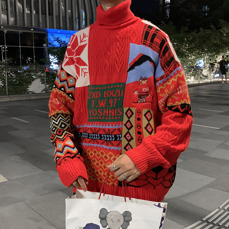 Suéter navideño para parejas, suéter de cuello redondo para hombre, estilo exportación, holgado, para otoño e invierno, suéter tipo cuello alto, abrigo grueso y cálido para jóvenes