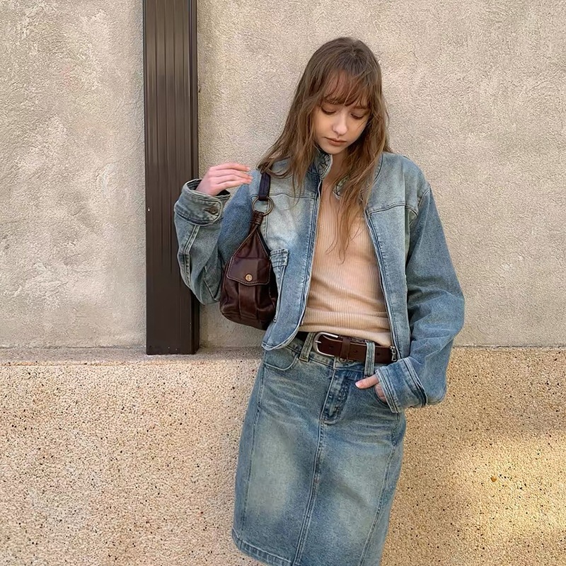 SC2026秋季新款韩系复古显瘦重工水洗立领牛仔外套半身裙套装女