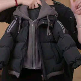 男童女童假两件2025冬季加厚羽绒棉服中长款碎花休闲棉衣黑色现货