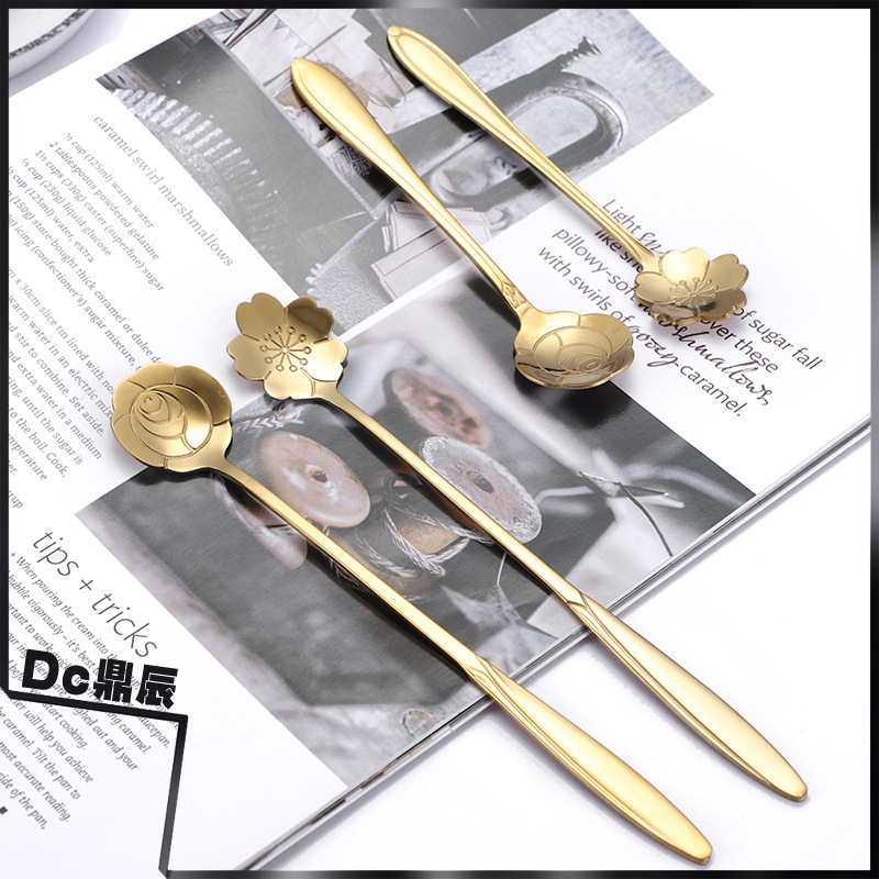 Cuchara de flor de cerezo de acero inoxidable cuchara de rosa de boda regalo de mano Nido de Pájaro cuchara de miel mango largo cuchara mezcladora café