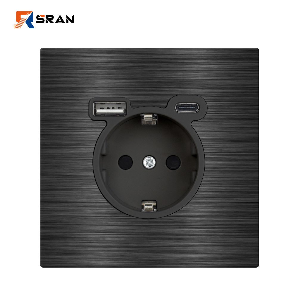 暗装插座欧标面板德式82型德插带USB+Type-C欧式16A全屏铝合金