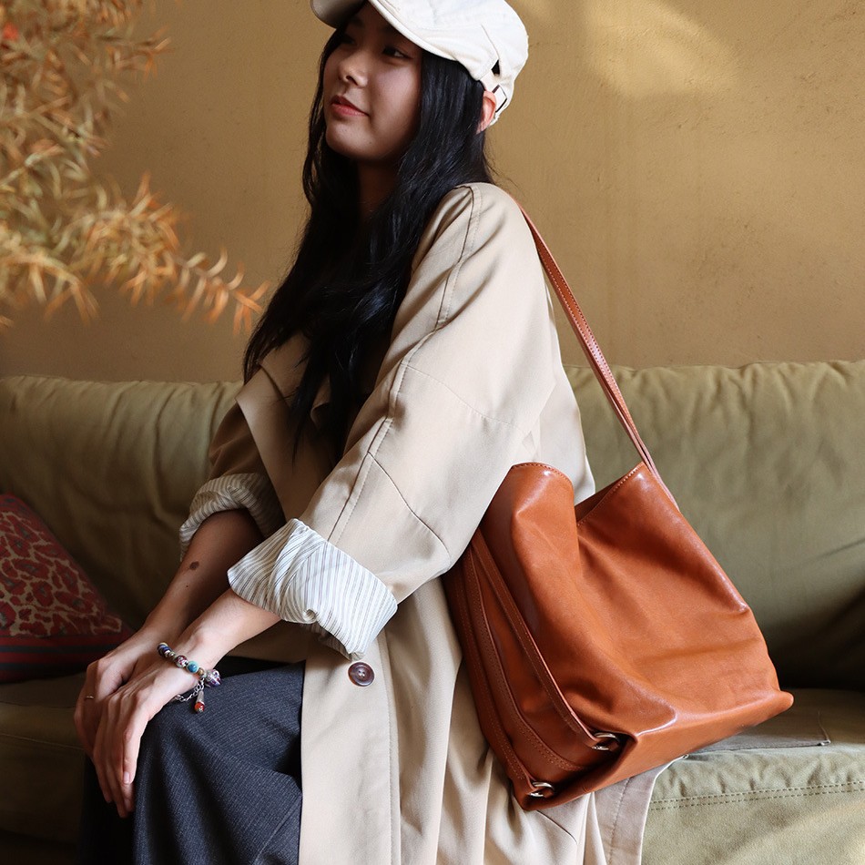 J6 Top Grain Crystal Cowhide Bucket Bag Women's Simple Tote Bag Underarm Genuine Leather Fashion 2-Way Backpack 6942