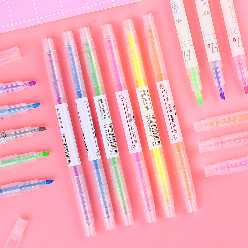 Pluma fluorescente de dos colores de doble cabeza pluma estudiante Color trazo clave color claro marcado pluma color caramelo haciendo mano cuenta marcado pluma al por mayor