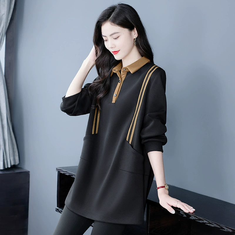 Новая Осенняя футболка-поло больших размеров с утолщенной флисовой подкладкой, толстая девушка, повседневный Топ, одежда для женщин среднего возраста