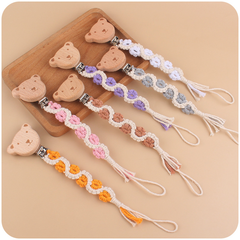 Bebé suministros de haya oso chupete clip calmante DIY bebé creativo artesanal algodón cuerda tejido chupete cadena