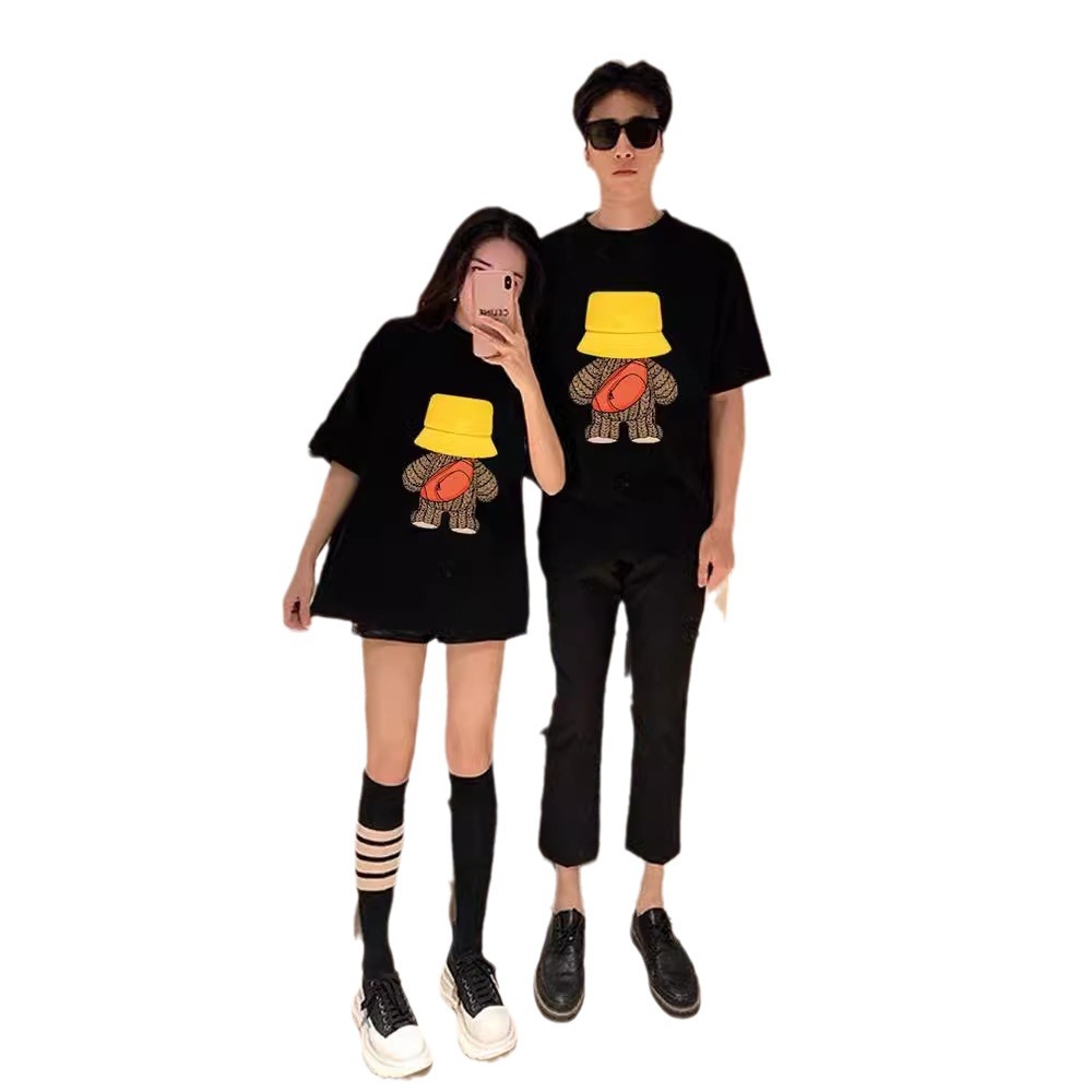 Bordado tridimensional ropa para padres e hijos 2024 nuevo verano pescador sombrero oso familia tres boca cuatro boca camiseta manga corta