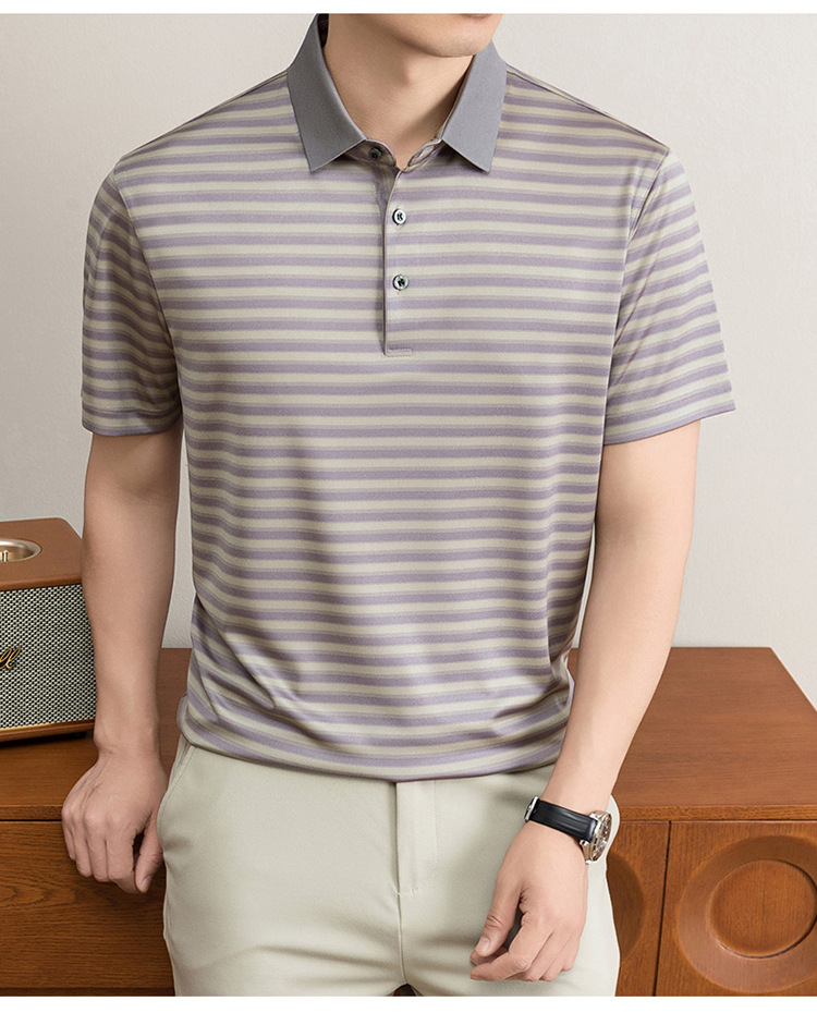 Áo polo nam tay ngắn cổ bẻ sọc kẻ chất liệu tơ tằm mulberry mềm mịn — Vàng tím 8878 chi tiết 13