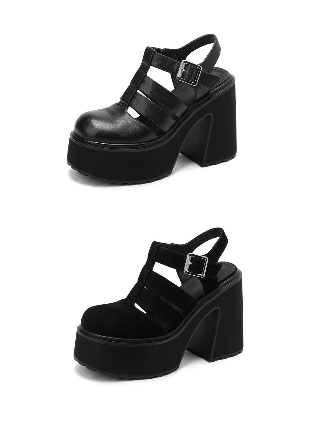 Sandal cao gót nữ mũi kín quai T đế xuồng phong cách La Mã — Da cừu lông đen, Da bò đen chi tiết 21