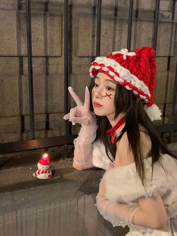 Christmas knit Christmas hat Winter bow woolen hat party photo decorations_voghion.com