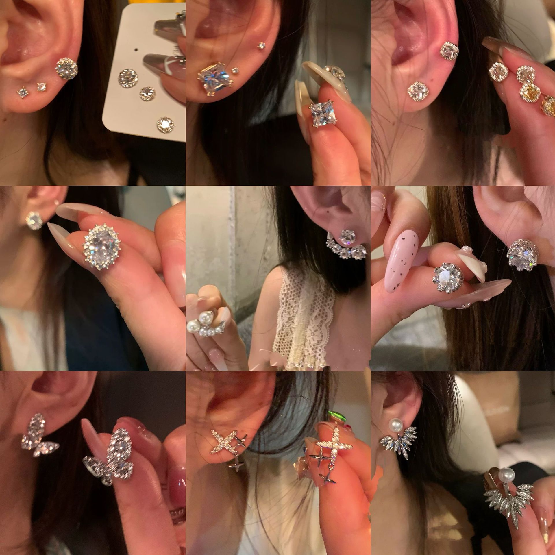 Pendientes de perlas asimétricas con cuernos de diamantes súper parpadeantes de plata Pendientes de nicho de viento frío femenino Pendientes de lujo ligero de alta calidad