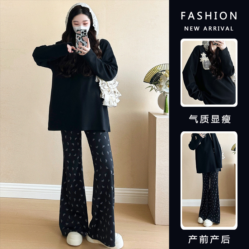 임산부 정장 봄 신상 레이스 스티칭 느슨한 긴팔 T + 프린트 플레어 팬츠 임산부 투피스 정장