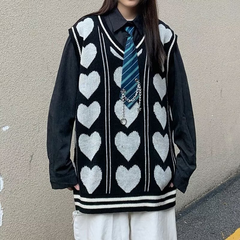 Pink Love V-neck knitted vest autumn design irregular loose lazy waistcoat sweater vest top