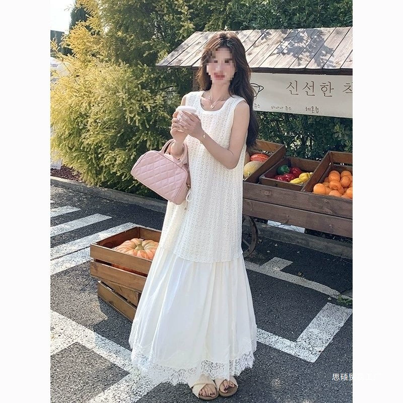 2025 женское платье-жилет без рукавов из двух частей, кружевное летнее платье, новинка розового цвета, французское нежное плетение