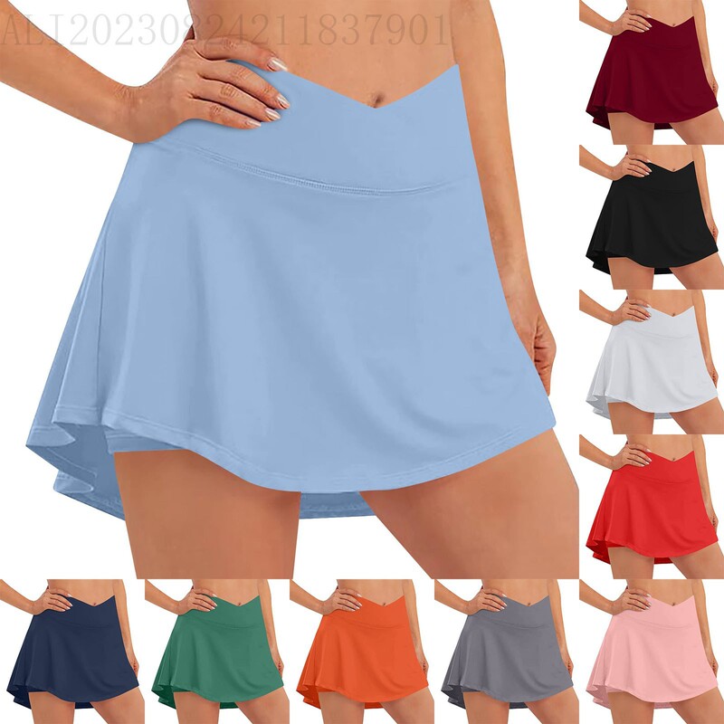 Cross-Border New Cross-Tummy Yoga Skirt Women's Anti-Exposure Tennis Skirt Pants with Lining Fitness Sports Shorts