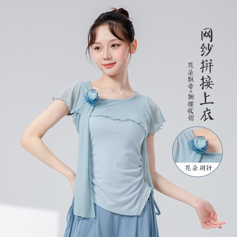 古典舞身韵新款花朵网纱拼接上衣中国舞现代舞形体舞蹈练功服纱衣|undefined