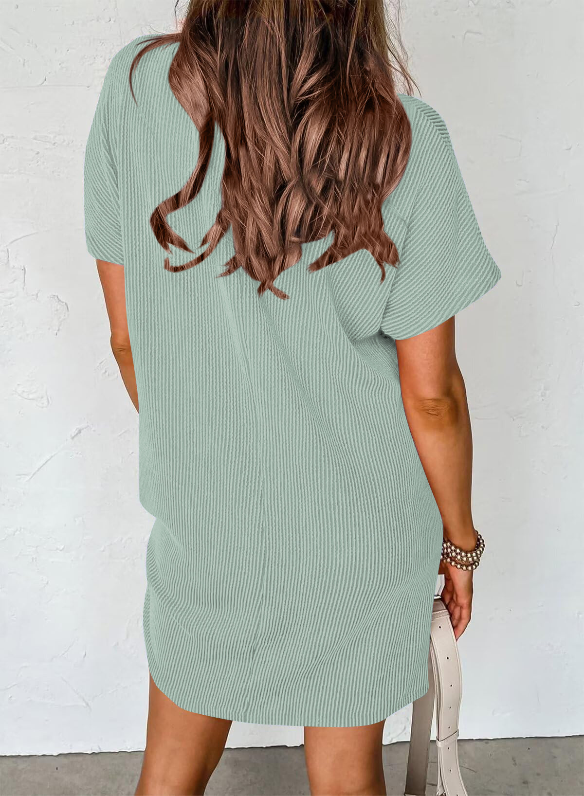 Women Summer Casual Contrast Color Wavy Stripes Short Sleeve Pocket Dress