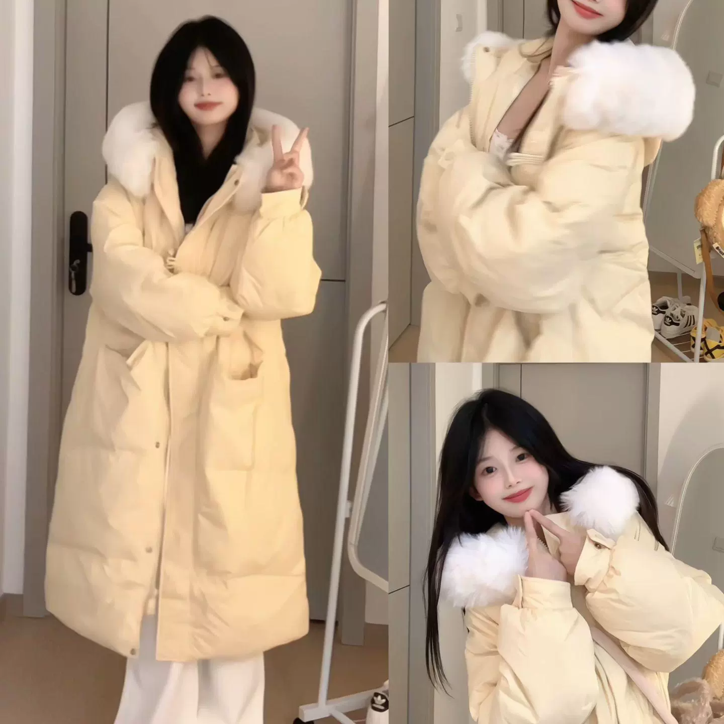 Long coat with hood with down, warm jacket, mid-length, oversize