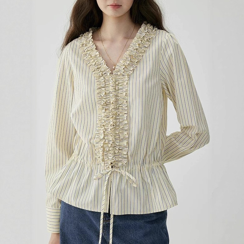 "Wasabi Pie Vooe" Design Lace V Neck Drawstring Stripesd Shirt Women's Autum New Loose Work Clothing Top "Wasabi Pie Vooe" Design Lace V Neck Drawstring Stripesd Shirt Women's Autum New Loose Work Clothing Top