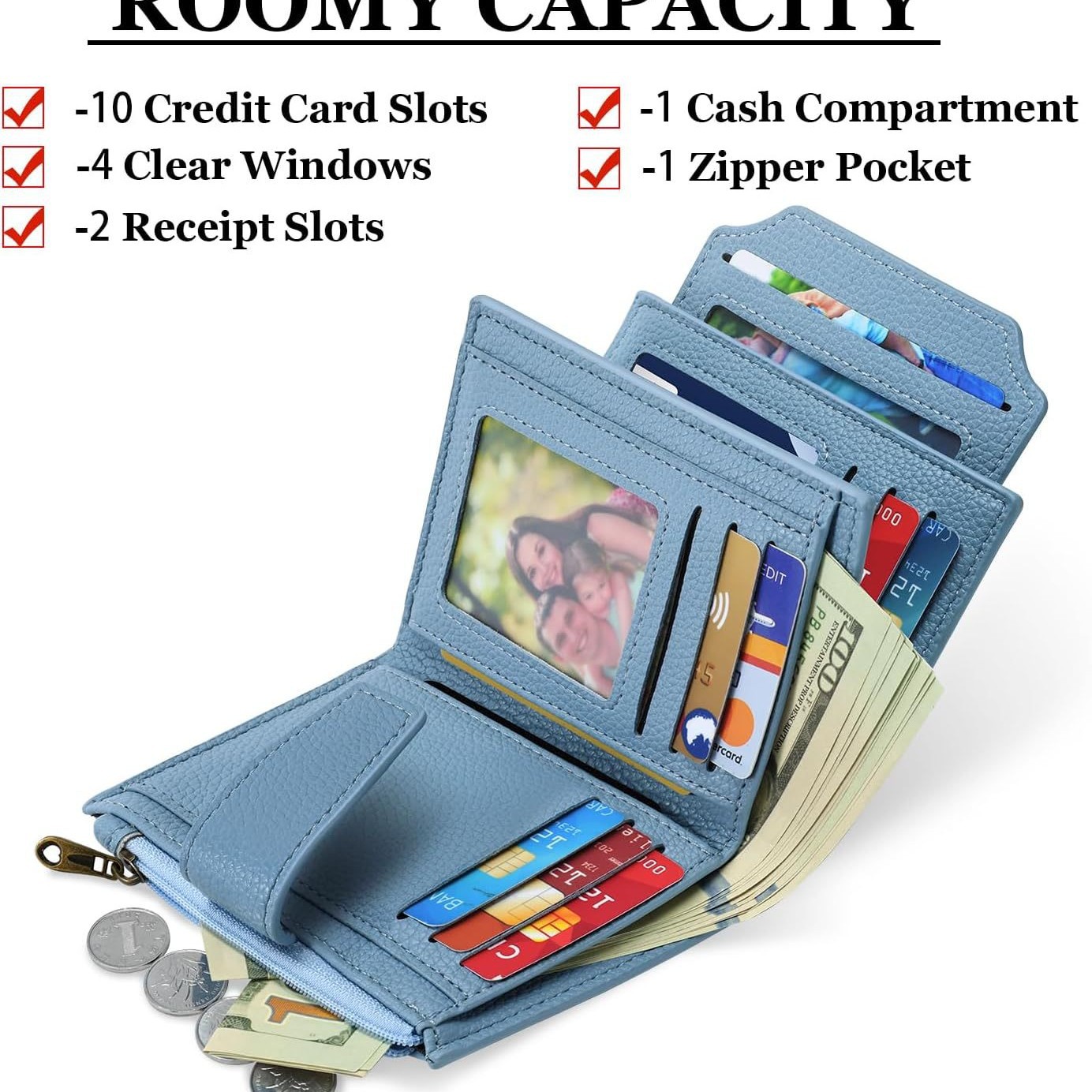 Cartera larga ultrafina de gran capacidad, múltiples posiciones para tarjetas, monedero con cremallera plegable, billetera multifuncional de cuero de color sólido para mujer