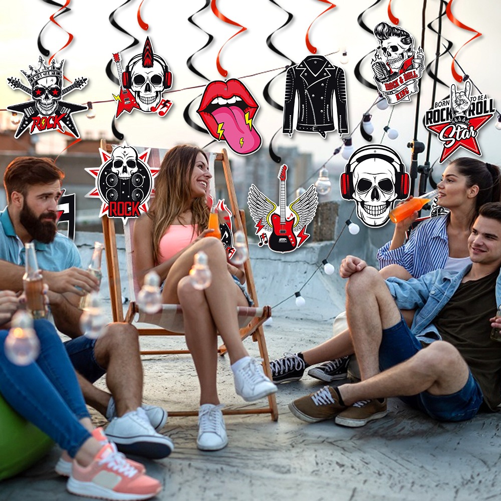 Rock transfronterizo decoración de fiesta de cumpleaños tira banderas colgantes espirales diseño de fiestas temáticas de rock colgantes