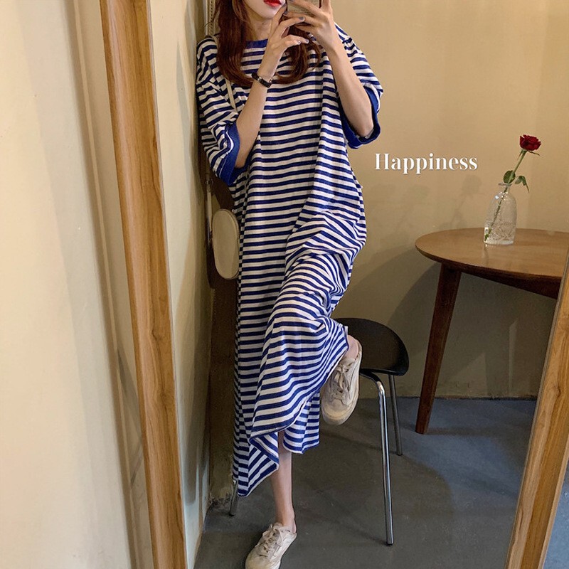 Trendy Five-Quarter Sleeve Casual Nightgown, Striped Maternity Oversized Over-The-Knee Slit Long Dress, Comfortable Loungewear for Summer