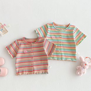 Girls' Korean-style Cardigan 2025 New Summer Baby Stylish Korean-style Top Trendy Children's Striped Summer Knitwear