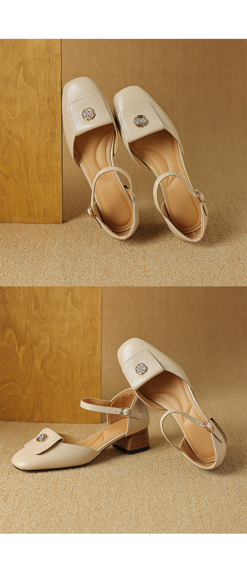 Sandal nữ quai ngang mũi bao da cừu cao cấp, gót vuông ổn định — Màu trắng be chi tiết 12