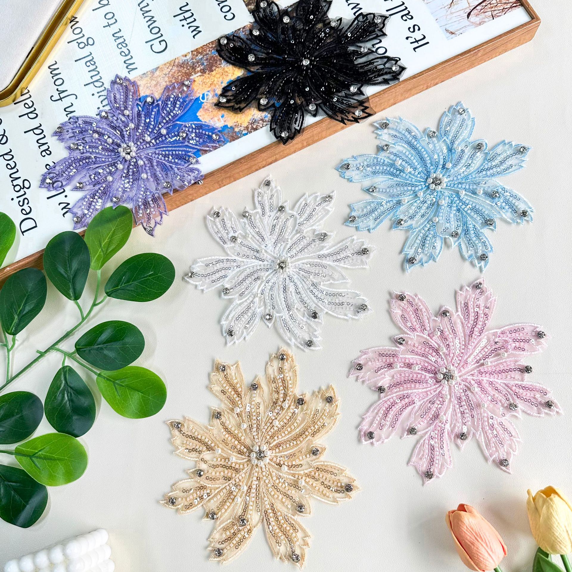 Costura a mano de cristal flores de diamante DIY Lolita Oganza vestido de mujer tocado de cabeza accesorios encaje bordado tridimensional
