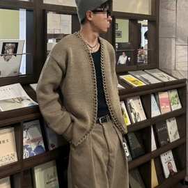 美式复古重磅编织链条针织衫毛衣男休闲慵懒卡其色秋冬开衫外批发