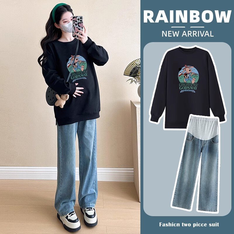 Maternity Wear Autum Suit 2025 New Autum and Winter Fashionable Belly-Covering Sweatshirt and Jeans Two-Piece Set with Lazy Style