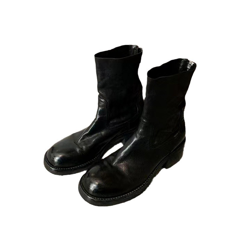 Botas estilo Martin para otoño e invierno, tacón grueso retro, cremallera trasera, 6 cm, botines cortos de piel de caballo texturizada lavada para mujer.