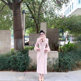 双排扣粉色长袖毛呢外套女秋冬法式千金感修身中长款气质呢子大衣