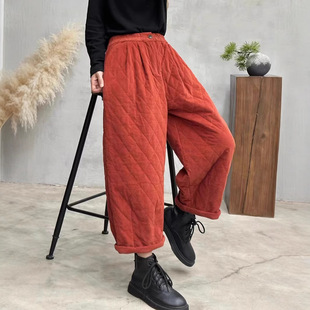 Ancient Cafe Costume Autumn and Winter Corduroy Rhombic Thickened Wide-leg Pants Women's Elegant Quilted Cotton Warm Straight Pants Boot Pants